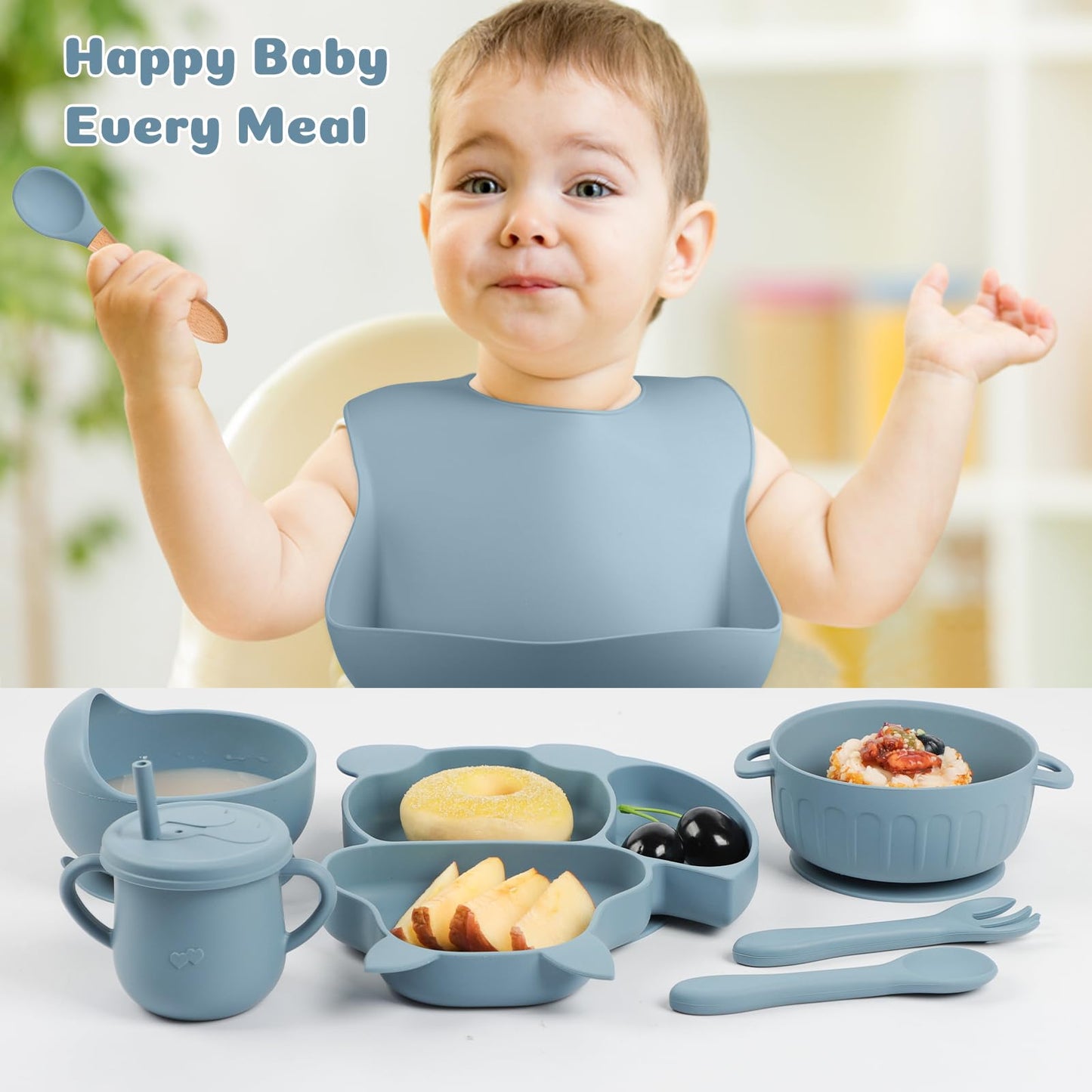 Silicone Baby Feeding Set 15 Pcs，Baby Plates,Baby Spoons Suction Bowl Divided Plate Bib Cup Finger Brush Training cups,Baby Led Weaning Supplies（blue）