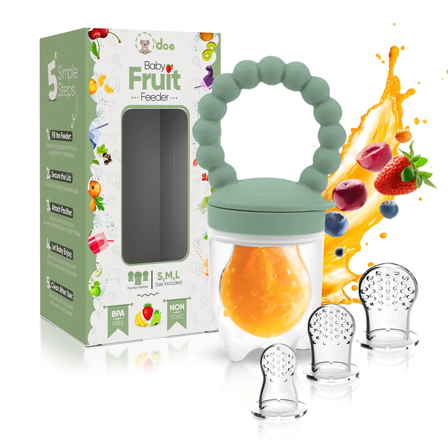 O'doe Baby Food Pacifier with 1 Feeder & 3 Nipples | BPA-Free, Food-Grade Silicone | Teething Toy & Weaning Nibbler for Infants