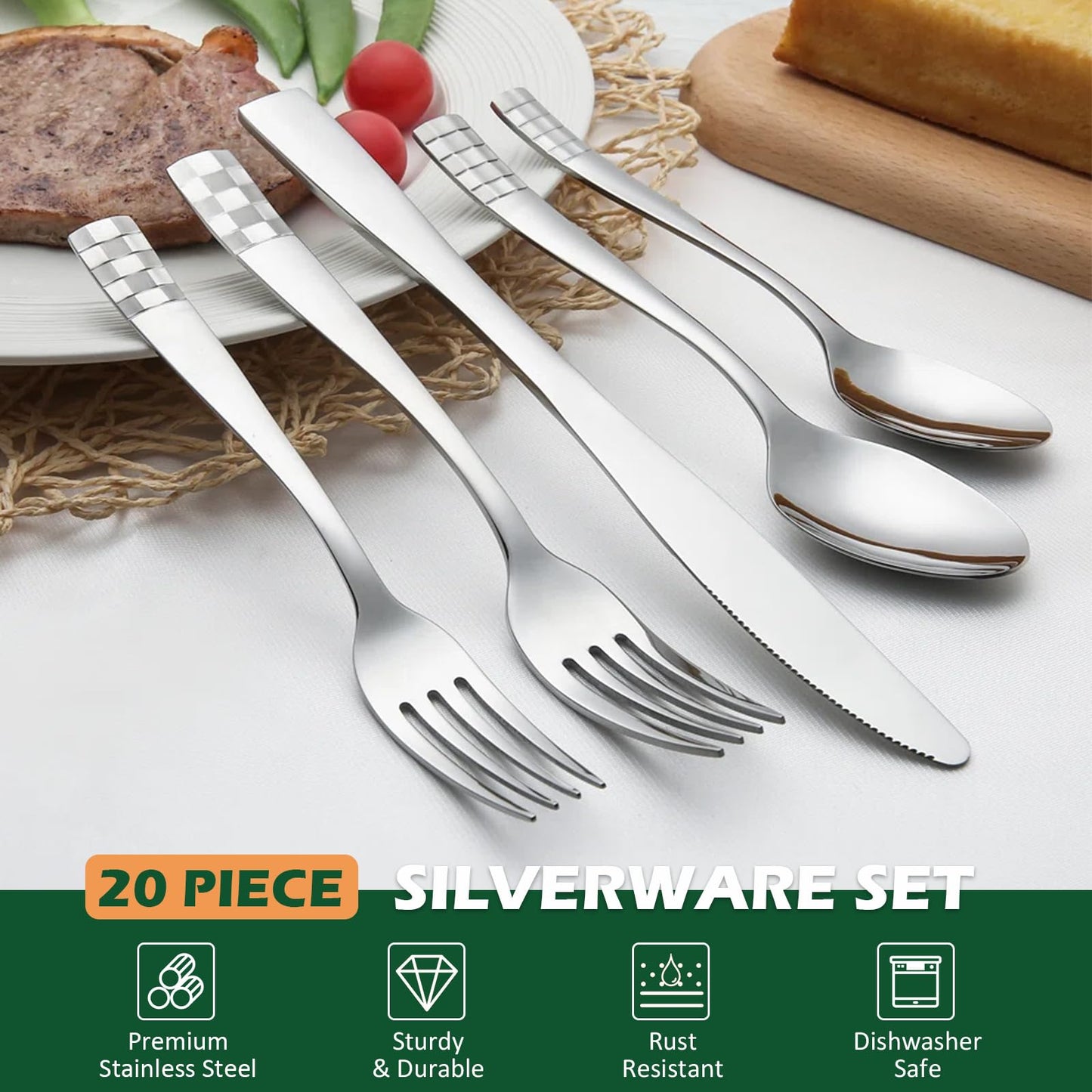 KOOMADE 20-Piece Silverware Set for 4 - Stainless Steel Flatware Cutlery Utensil Set Set, Durable Mirror Polished & Dishwasher Safe Flatware Set Include Forks Spoons Knives for Home Wedding Restaurant