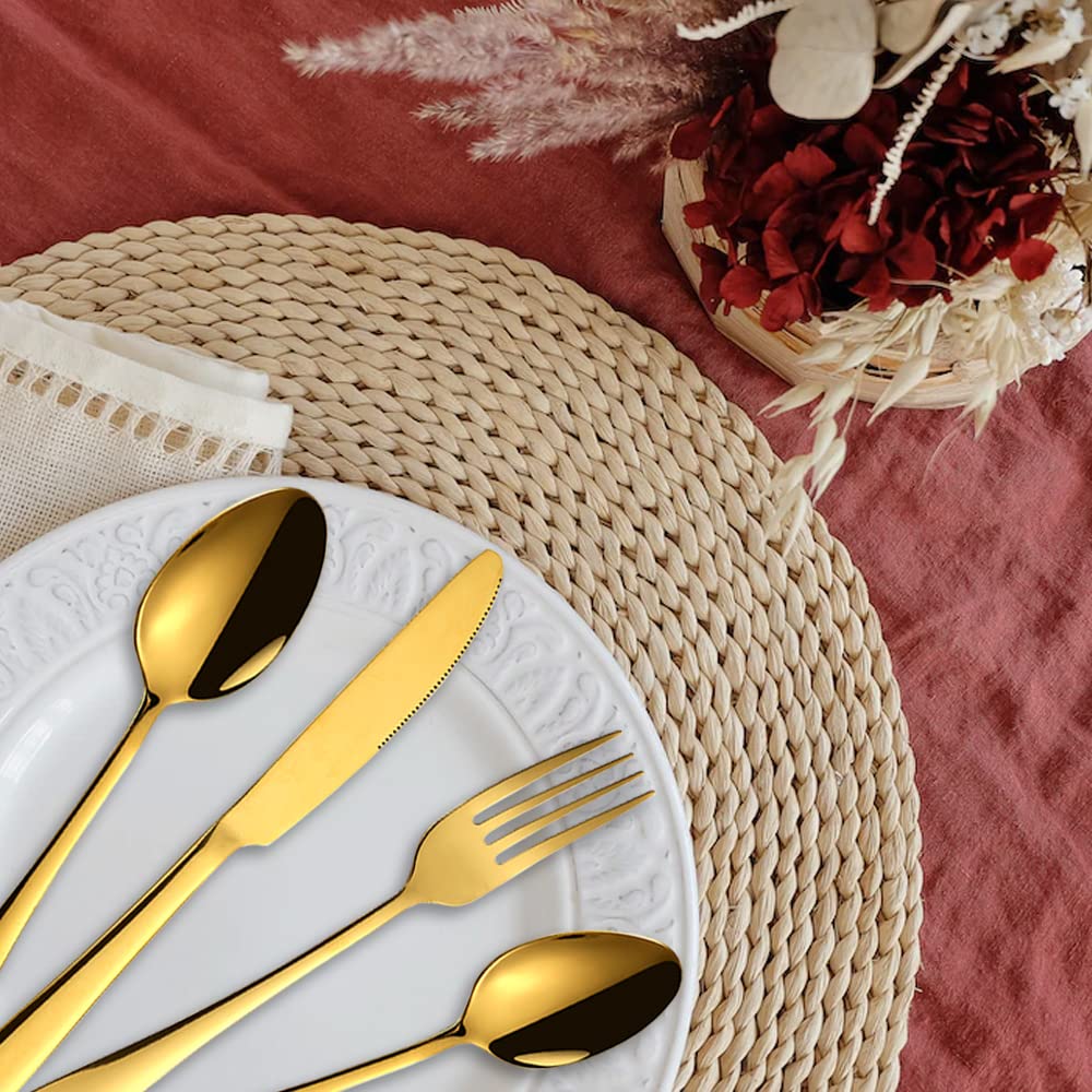 LAIION 24-Piece Golden Flatware Silverware Set,18/10 Heavy Duty Stainless Steel Flatware Service for 6,Cutlery Include Knife/Fork/Spoon/Coffee Spoon,Mirror Polished, Dishwasher Safety