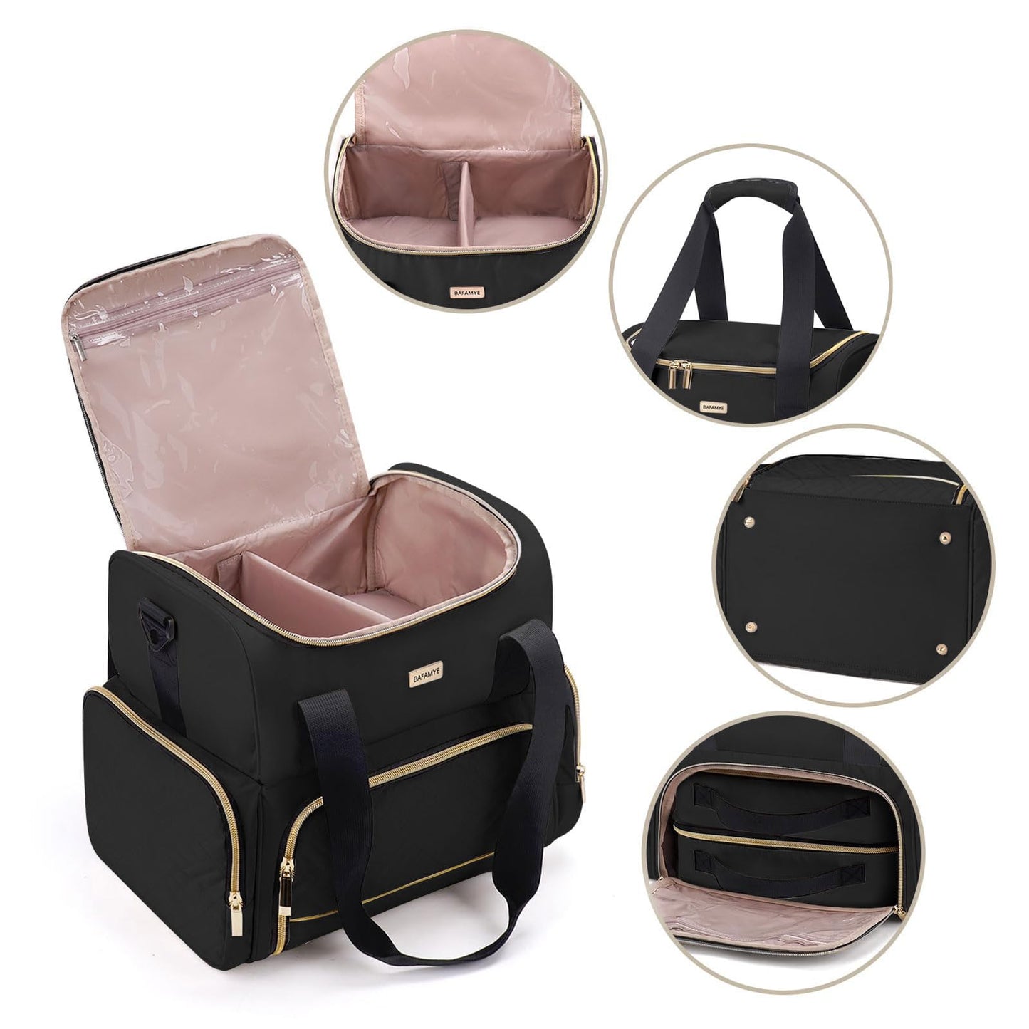 BAFAMYE Large Makeup Travel Cosmetic Bag with 2 Removable Case, Double Layer Big Travel Make Up Organizer Case, Toiletry Bag for Women, Train Cases Bags