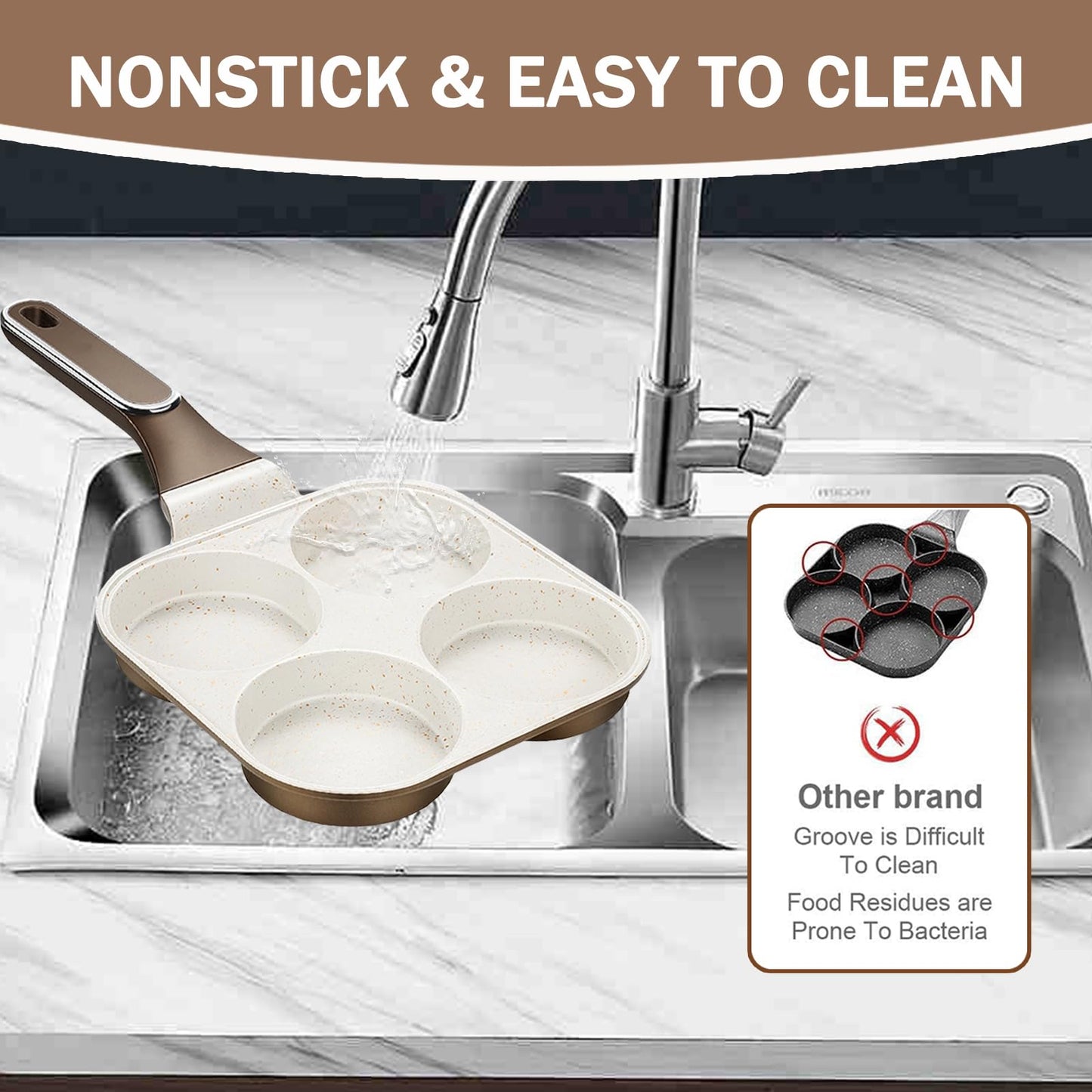 JUSTUP Egg Frying Pan, 4-in-1 Nonstick Omelet Pan with Heat Resistant Handle, 4-Cup Breakfast Divided Grill Pan for Egg, Bacon and Burgers (White)