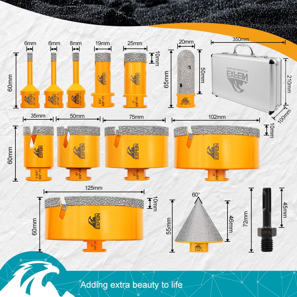 EXFEIN Tile Hole Saw Kit 15pcs - Diamond Core Drill Bits(1/4"-5") + 2pcs 4.5" Tile Blades + SDS Adapter for Ceramic Porcelain Marble