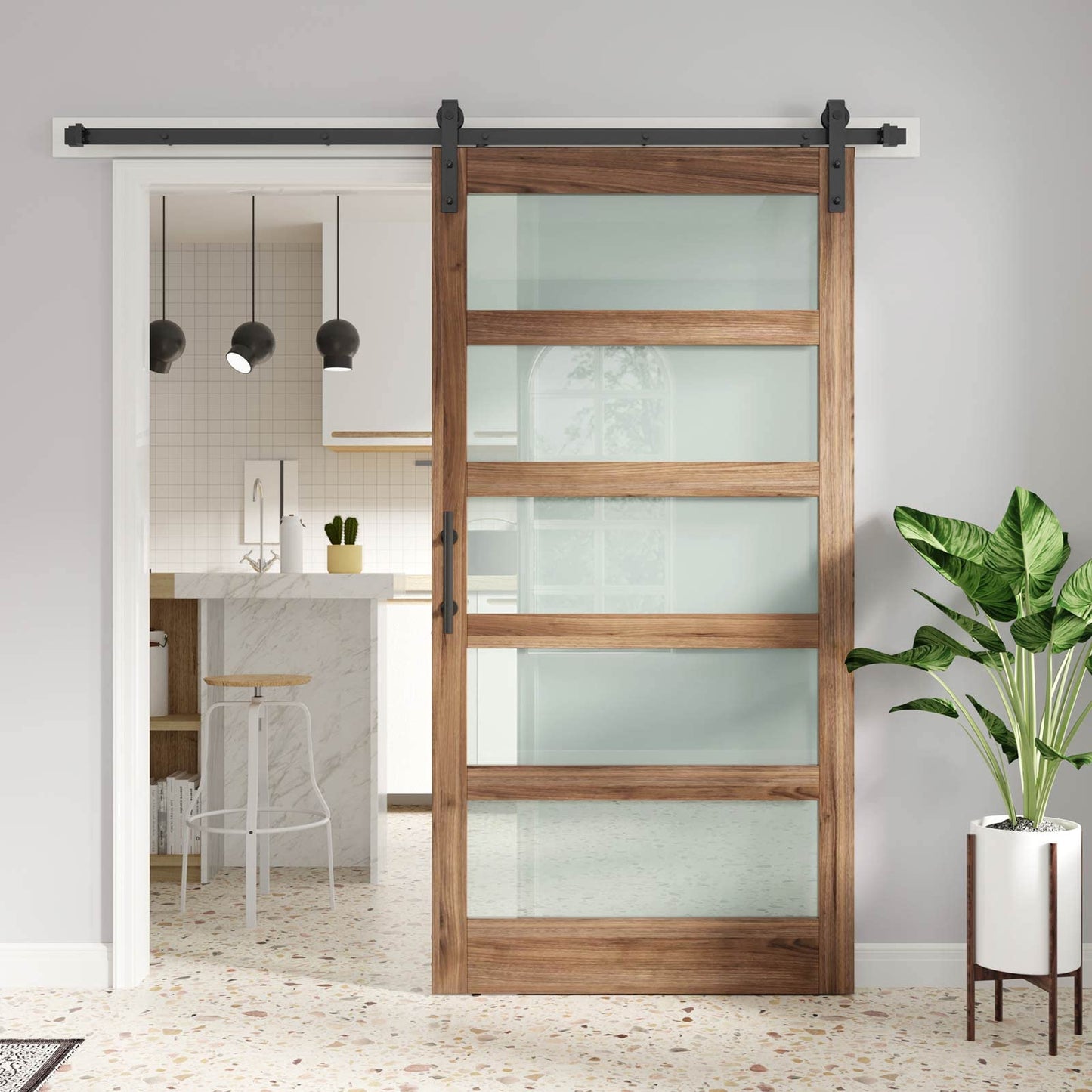 FREDBECK 42 x 84 inch Glass Barn Door with 7FT Barn Door Hardware Kit & Handle Included,5-Panel Frosted Glass,Wood Panel, Water-Proof Surface,Pre-Drilled Holes,Need Assembly