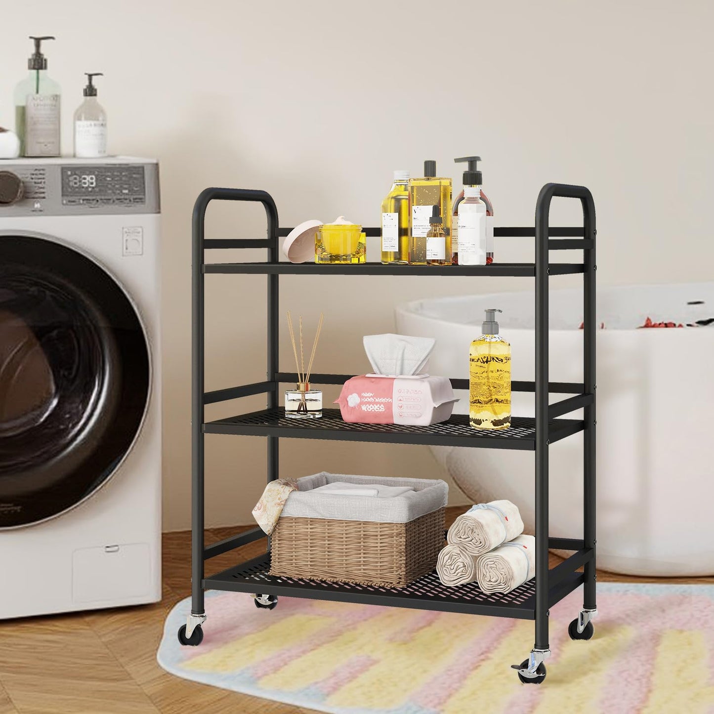 HDANI 3 Tier Metal Rolling Heavy Cart Supports 40 Lbs Per Tier,Mesh Rolling Cart with 2 Lockable Wheels for Office,Home,Bedroom,Kitchen,Bathroom(Black)