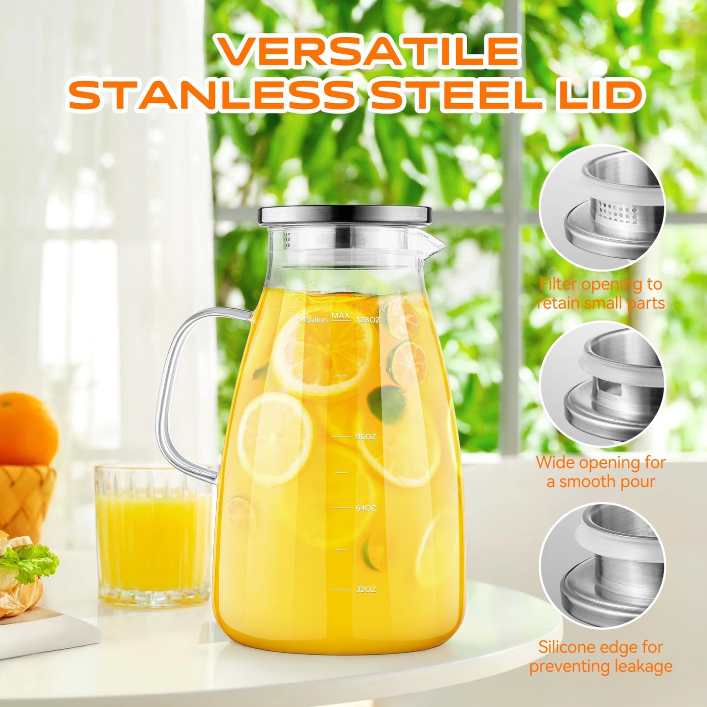 1 Gallon 128oz Glass Pitcher, Water Pitcher with Lid and Spout, Glass Carafe for Hot/Cold Drink, Water Jug for Iced Tea, Coffee, Juice, Milk, Beverage (Extra-Wide Mouth)
