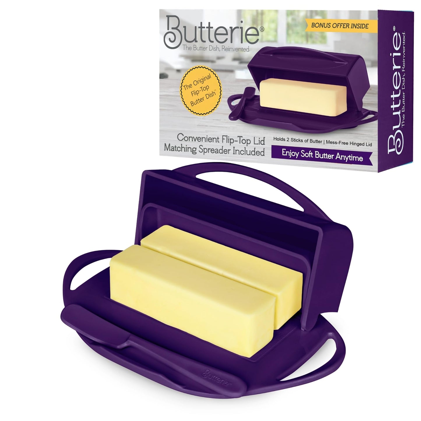 Butterie Flip Top Butter Dish with Attached Lid & Matching Knife - Holds 2 Sticks, Fits Kerrygold/European Butter - BPA Free & Dishwasher Safe - Purple