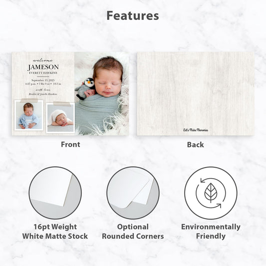 Let's Make Memories Personalized Baby Announcement Cards - Birth, Adoption - Boy, Girl - Premium Quality Custom Photo Cards for Mailing - 5x7 - Includes White Envelopes - Rustic Collage - 75 ct