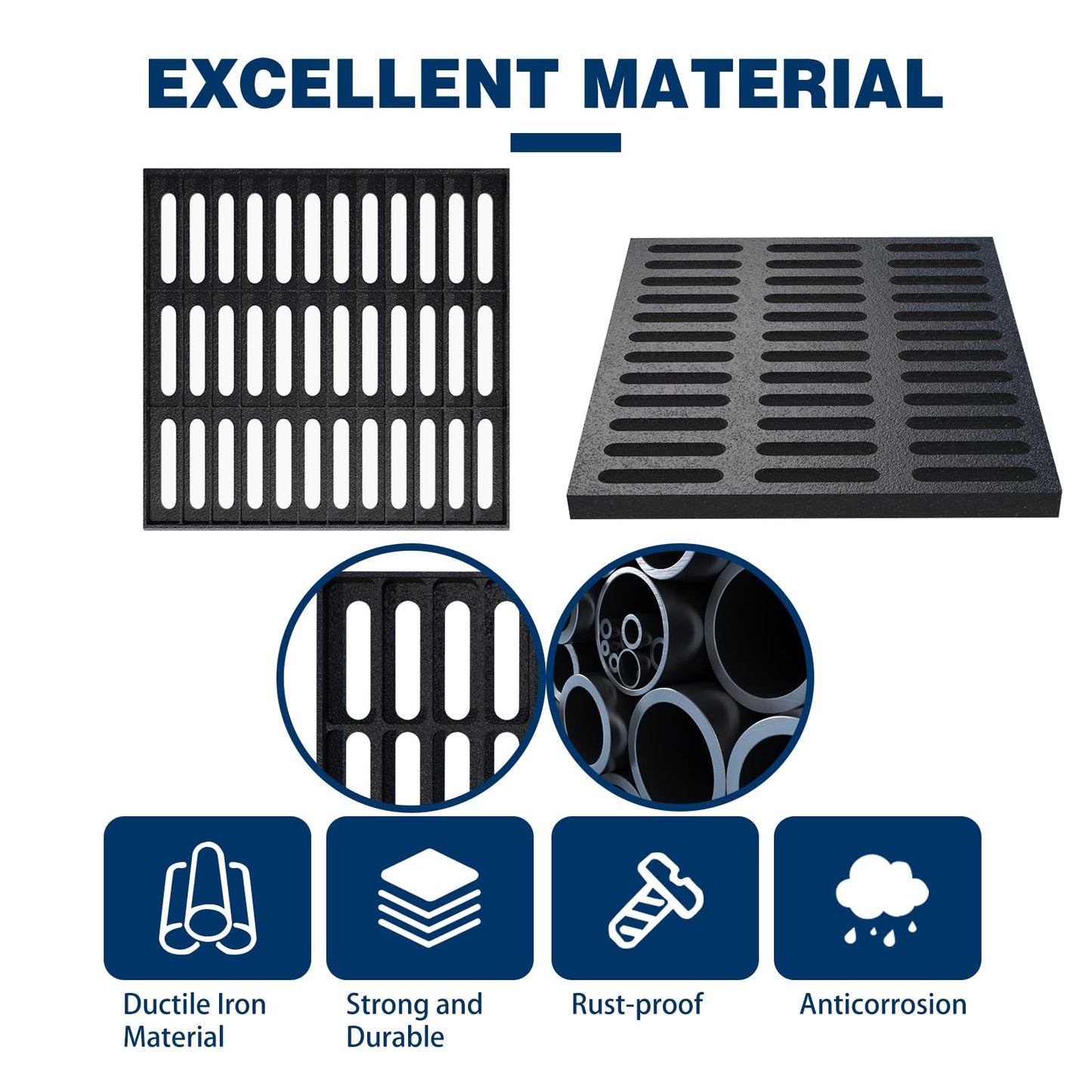 Cast Iron Drain Grate, 28 * 28in Outdoor Drain Cover, B125 Class Ductile Iron Channel Drainage Grates, Heavy Duty Sewer Grate,Black Square Drain Grate for Yard,Driveway,Concrete Floor.