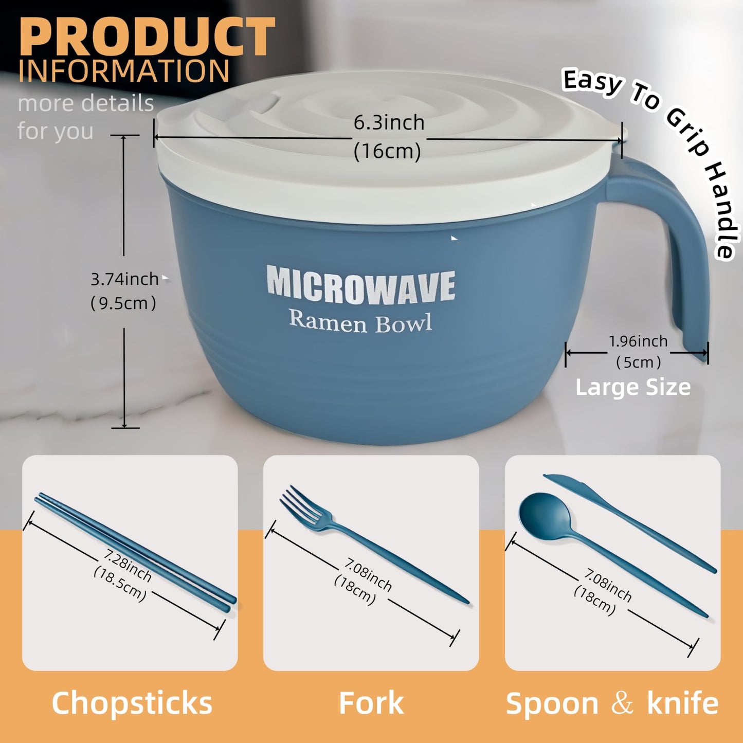 Layron 2 Sets Microwave Ramen Cooker Bowl 45 oz Instant Noodle Bowl with Handles Ramen Noodle Cooker with Spoon Chopsticks Fork Knife College Dorm Room Essentials for Boys Girls (Black, Blue)