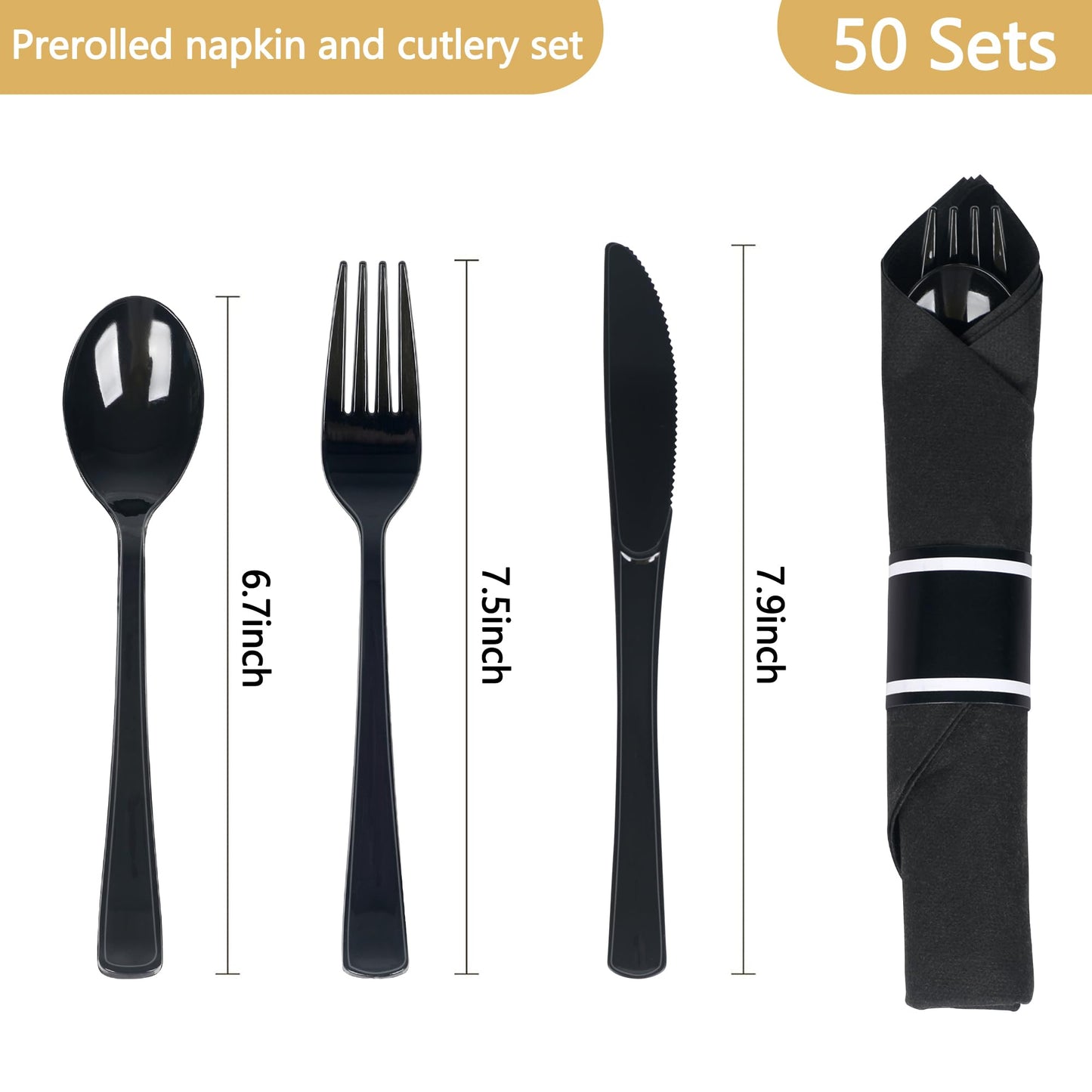Dlebay 50 Pack Pre Rolled Black Plastic Silverware Set,Wrapped Plastic Cutlery Set with Napkin Include 50 Forks,50 Spoons,50 Knives and 50 Black Napkins for Party,Wedding