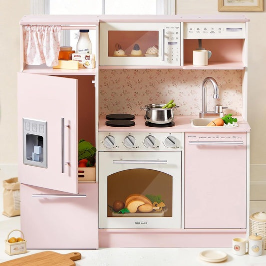 Tiny Land Play Kitchen for Kids, Upgraded Wooden Kitchen Toy with Complete Play Areas, Pretend Cooking Set with Sink, Stove, Microwave, Toy Coffee Station & Storage for Kids Ages 3+