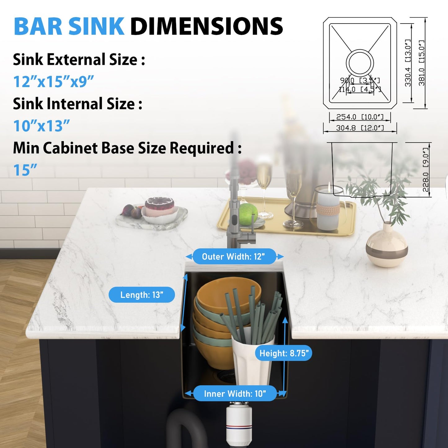 Zeayoun 12 Inch Gunmetal Black Undermount Bar Sink 12 x 15 Kitchen Sink 304 Stainless Steel Single Bowl Under Counter Sink with Nano Coating, 12x15x9