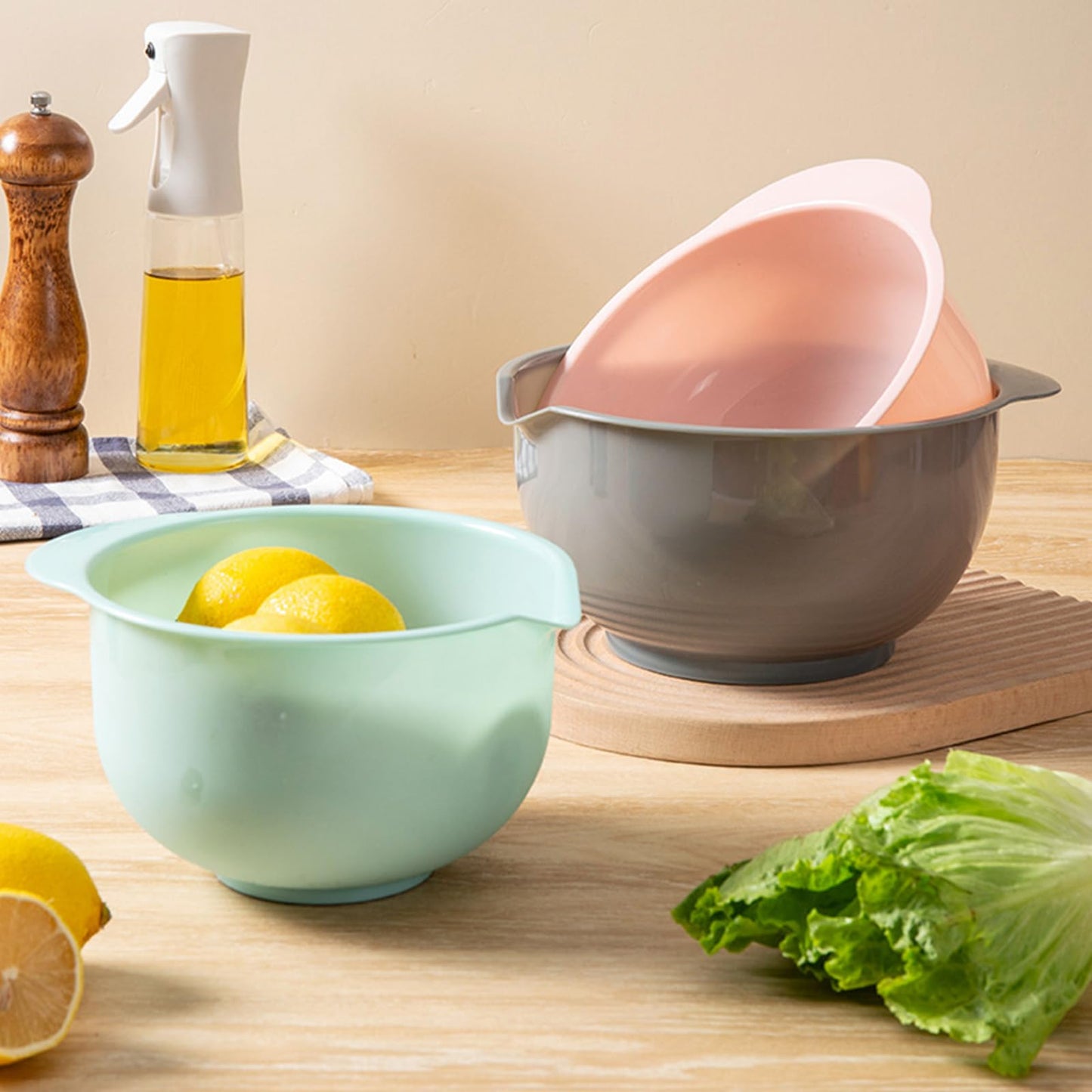 Cheeren Set of 3 Mixing Bowls with Pour Spout-Nesting Design Saves Space - Non-Slip, BPA Free, Dishwasher Safe Plastic - Kitchen Cooking and Baking Supplies (Green Pink Grey)