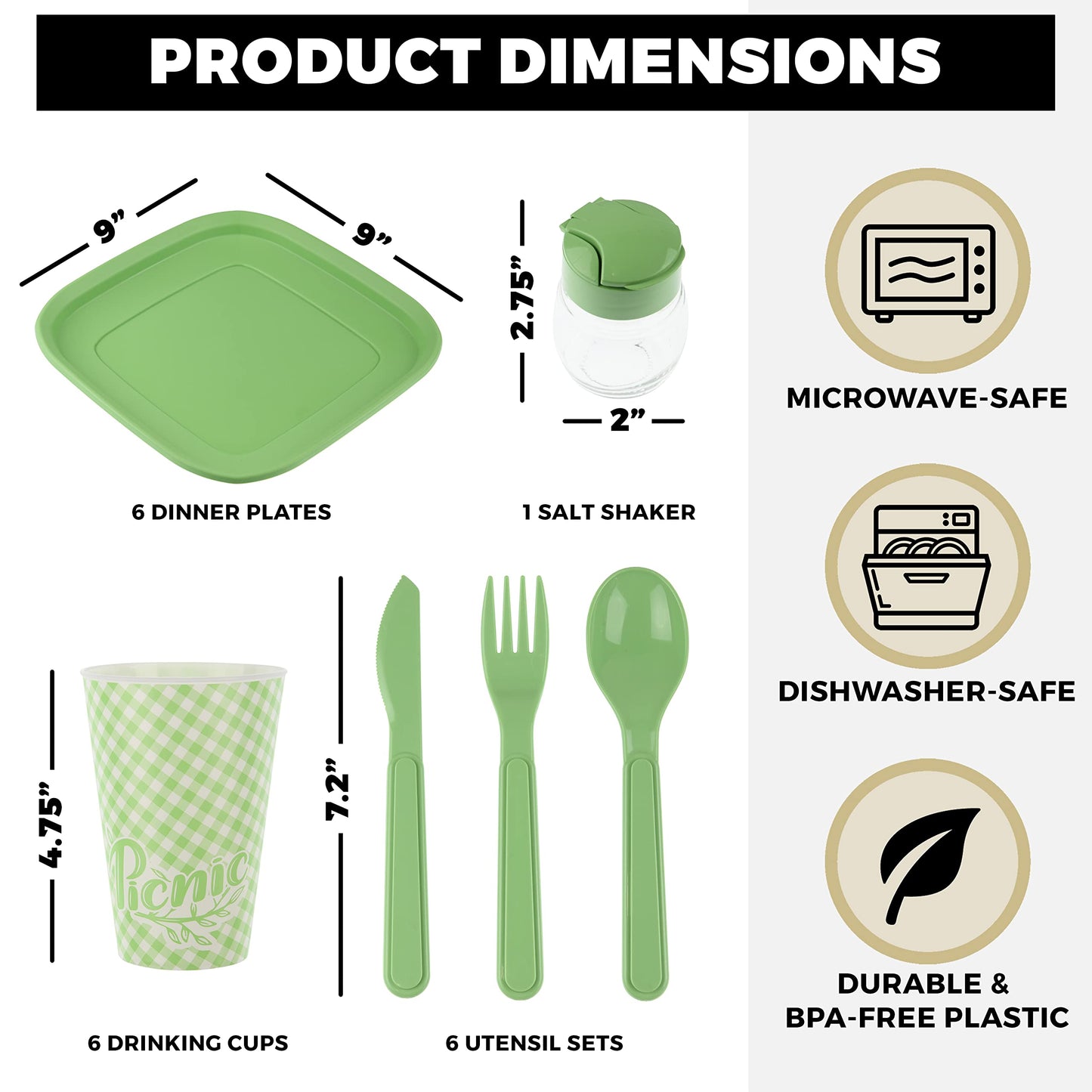 Tribello Camping Picnic Dishes Set with Case, 32 Plastic Reusable Cutlery - BPA Free, Microwave / Dishwasher Safe