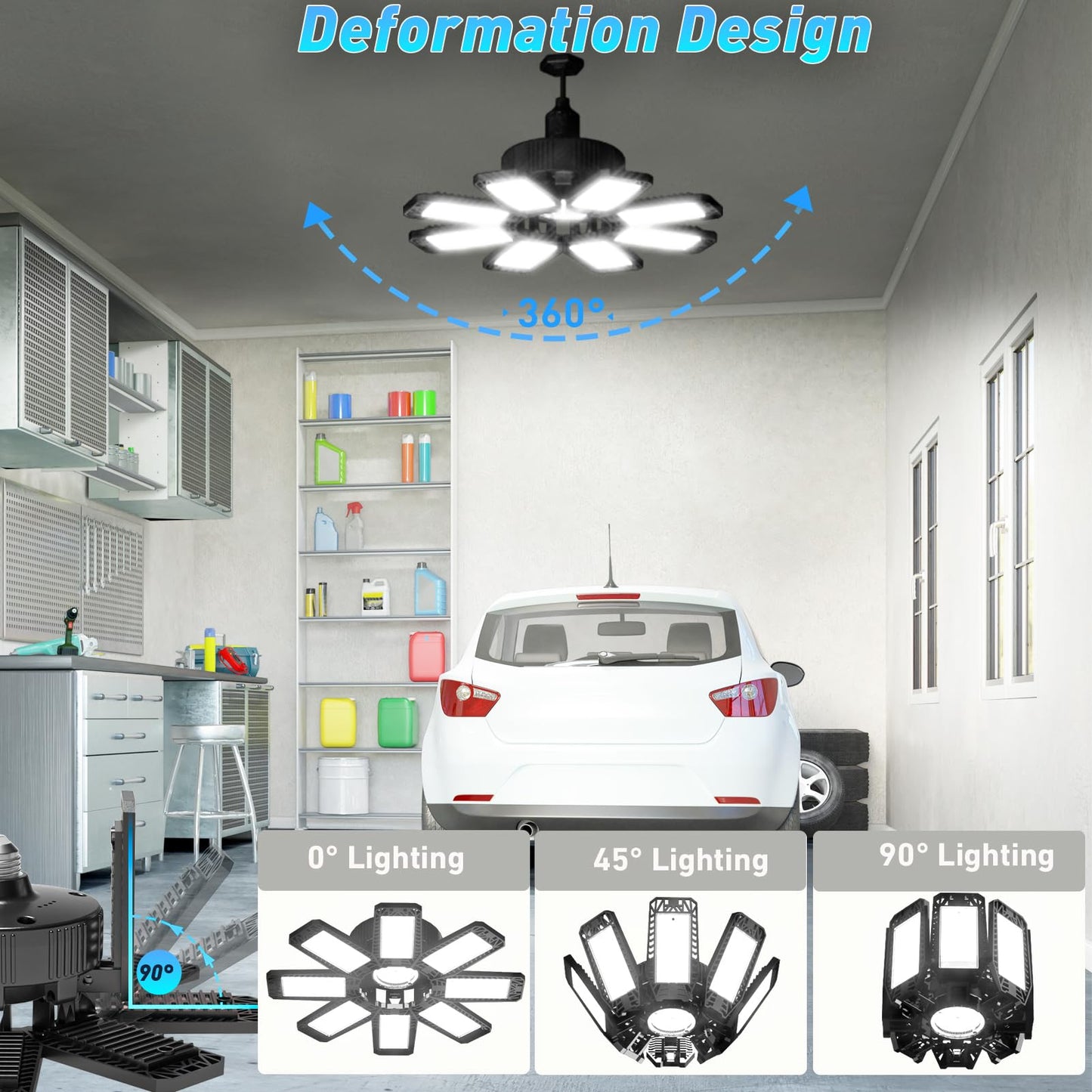 Garage Light 8 Pack - 240W 24000LM 6500K Garage Lights Ceiling LED with 8+1 Deformable Panels, E26/E27 Screw Socket in LED Shop Light for Workshop, Basement, Gym, Barn, Warehouse etc Bay Lighting