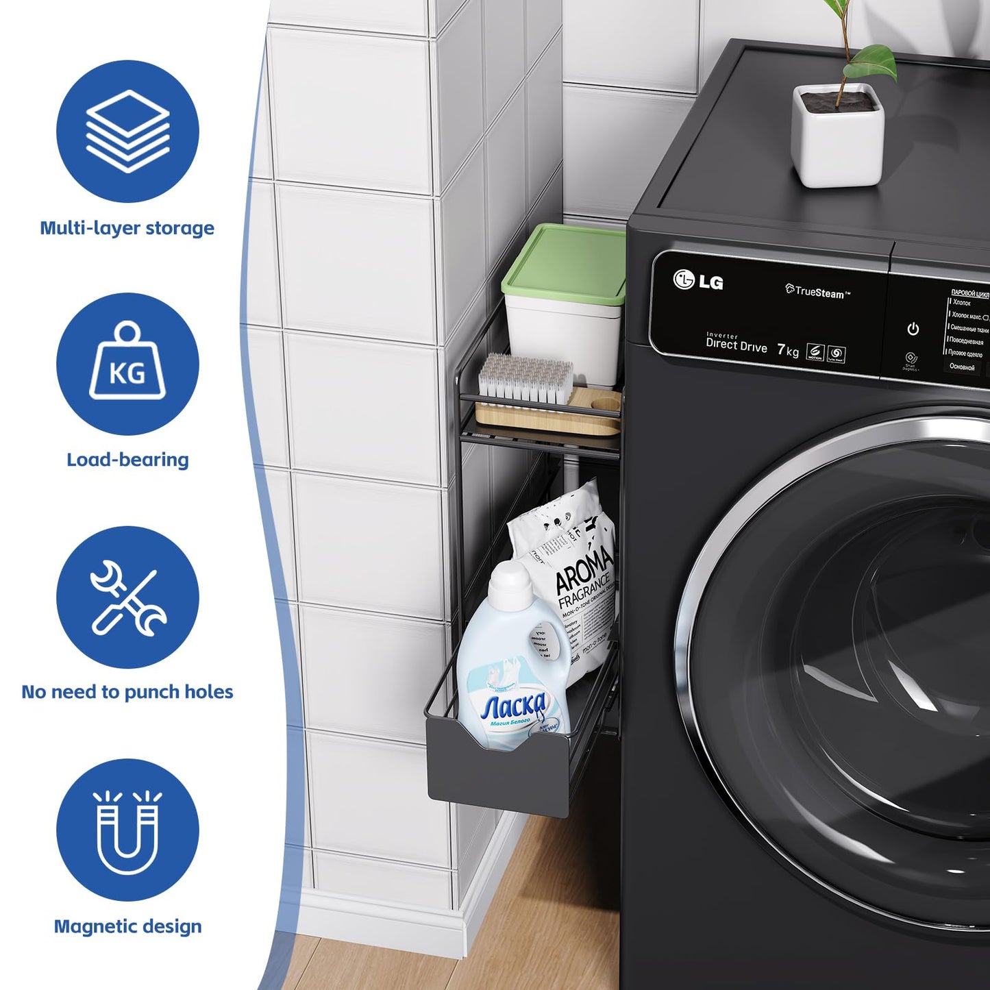 CABTE 2 Tier Magnetic Shelves for Washing Machine with Pull Out Metal Drawer,Magnetic Spice Rack for Fridge,Magnetic Rack with no Installation, Versatile Storage Organizers for Home (Black, 2 Tier)