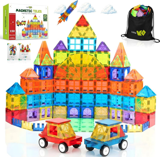 Little Vo Magnetic Tiles 150 PCS with 2 Cars Bases, STEM Magnet Building Tiles for Kids Ages 3-12, Educational Building Magnets Toys, Creative Construction, Preschool Learning & Play for Childs