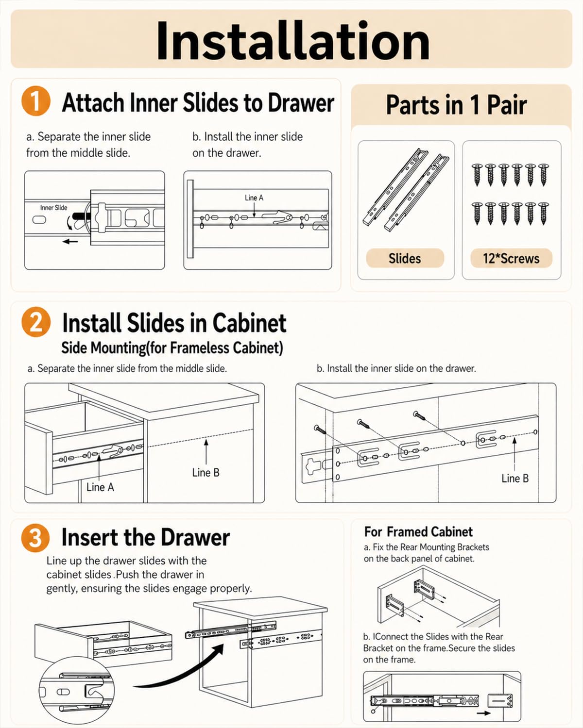 Gobrico 16 inch Drawer Slides 1 Pair，Soft Close Drawer Slides 3 Fold, Cabinet Drawer Slides Full Extension Drawer Hardware, Heavy Duty Hydraulic Self Close Rails, Side Mount Ball Bearing Tracks