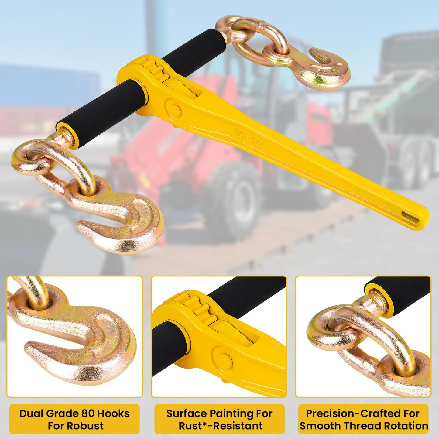 Lechansen 5/16"-3/8" Chain Binders Kit 4 Set, G80 Ratchet Load Binder 5/16 to 3/8 with G80 Transport Chain 5/16 Inch × 20 Feet, G80 Clevis Grab Hook, 5,400lbs Working Load Tie Down Kit for Towing