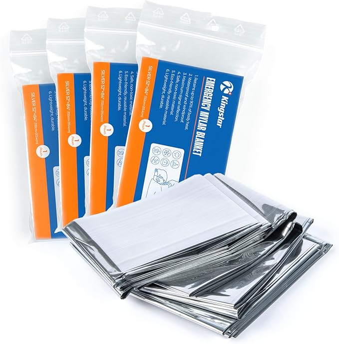 Emergency Blankets (4 Packs, 84" L x 52" W) Mylar Thermal Blankets for Survival and Protection,Space Blanket Survival Kits Camping Blanket, Ideal for Outdoors, Hiking, Survival, Marathons