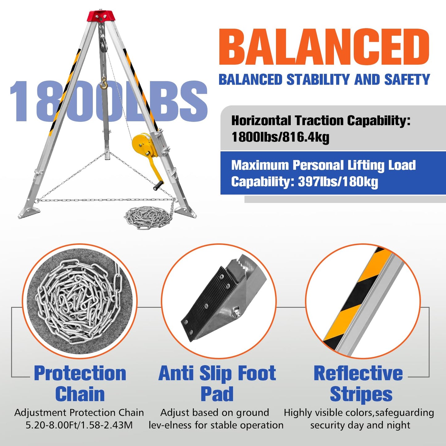 Confined Space Tripod Kit, 1800 lbs Winch with 98' Cable, Confined Space Rescue Tripod with 4.4' to 7' Adjustable Legs, Portable Tripod Kit with 32.8' Protection, Rescue Tripod Lifting Hoist