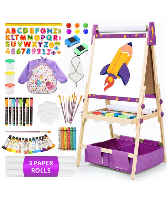 Purple Art Easel for Kids, Kids Art Easel with 3 Paper Roll, Magnetic Whiteboard and Chalkboard,Adjustable Standing Wooden Toddler Easel for Painting Double Sided,3in1 Painting Easel for 2-4 4-8 Gift