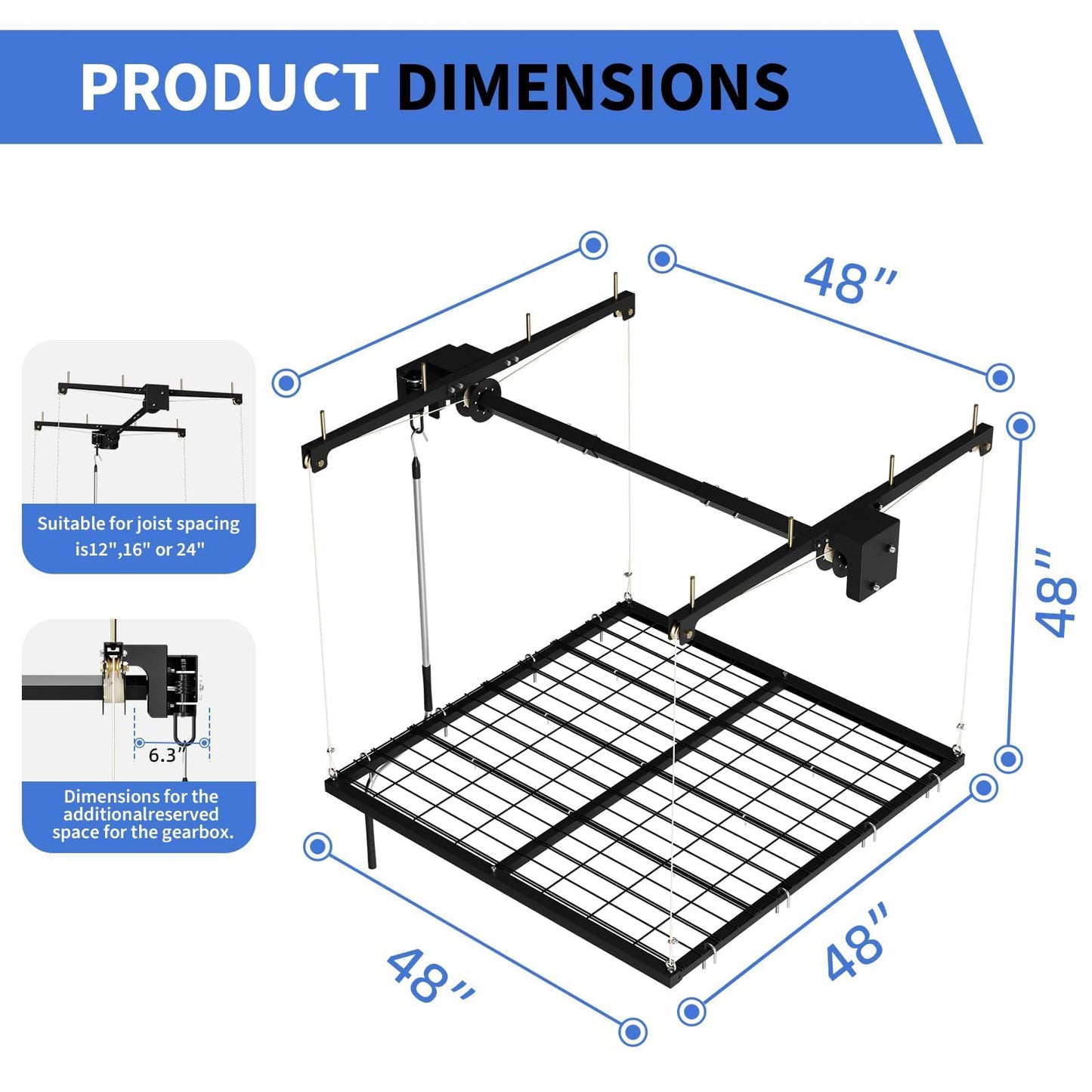 MilleLoom Garage Ceiling Storage Racks 4x4 ft, Manual Hand Crank Overhead Garage Storage Rack Lift, Heavy-Duty Carbon Steel Ceiling Mounted Storage Rack, Adjustable Height, 350 Lb Capacity