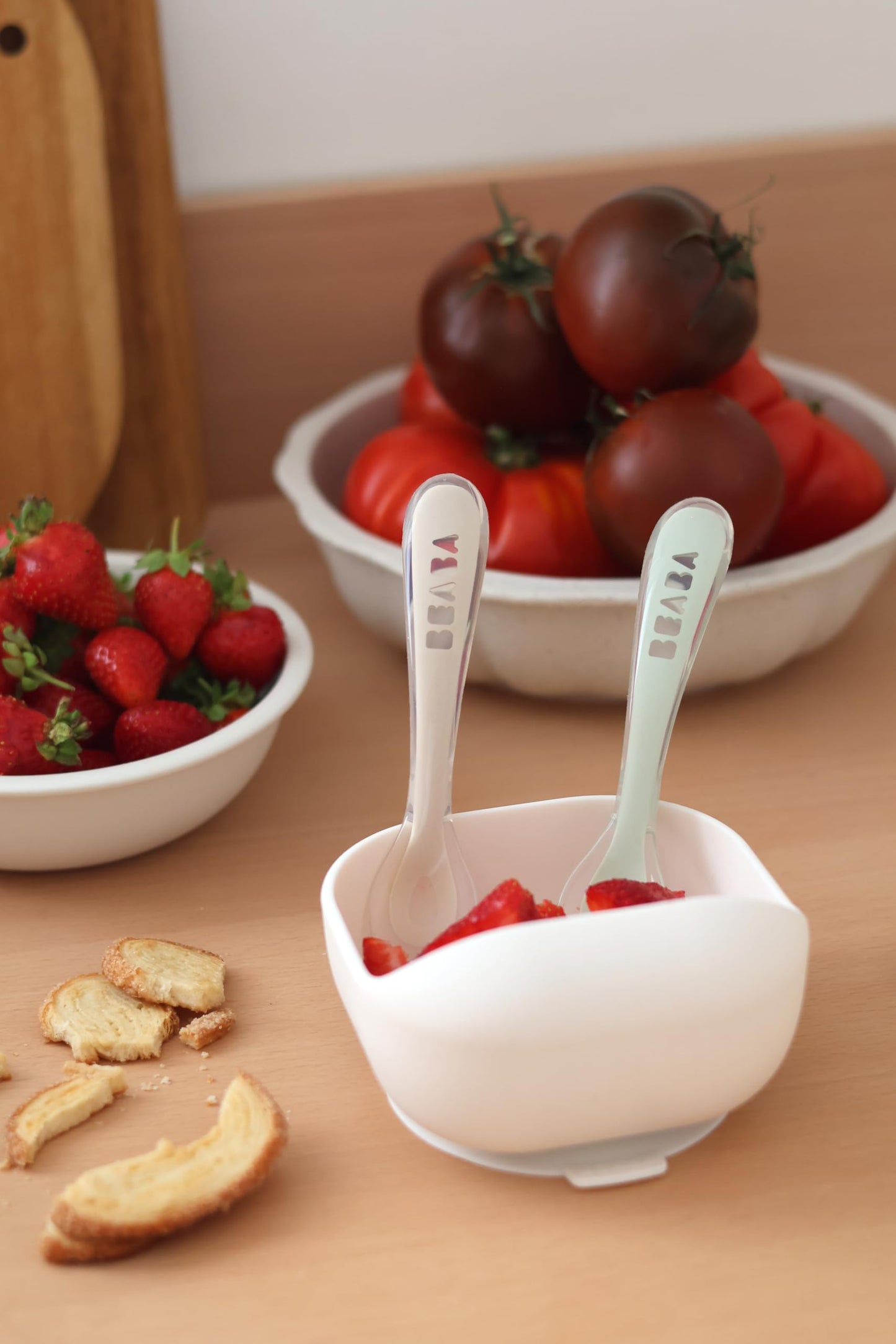 BEABA Toddler's Self-Feeding Spoon Set with Travel Case, Original Silicone Baby Spoons, Baby Essentials, Travel Set, Sage + Cloud