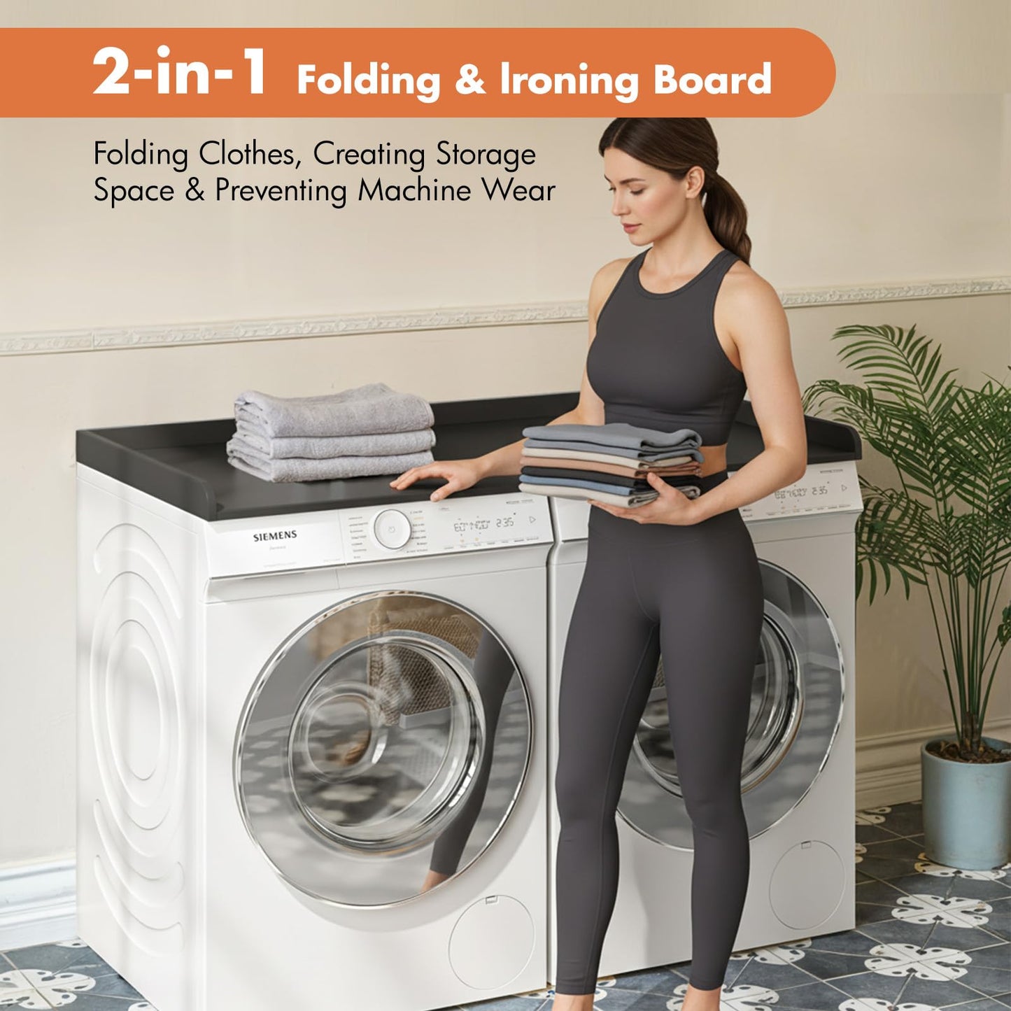 Furnivio Premium Washer Dryer Countertop with Anti-Slip Pad, 54inch Laundry Room Organization Set, Stackable Storage Solution with Silicone Ironing Mat, Diatomite Mat(Black)