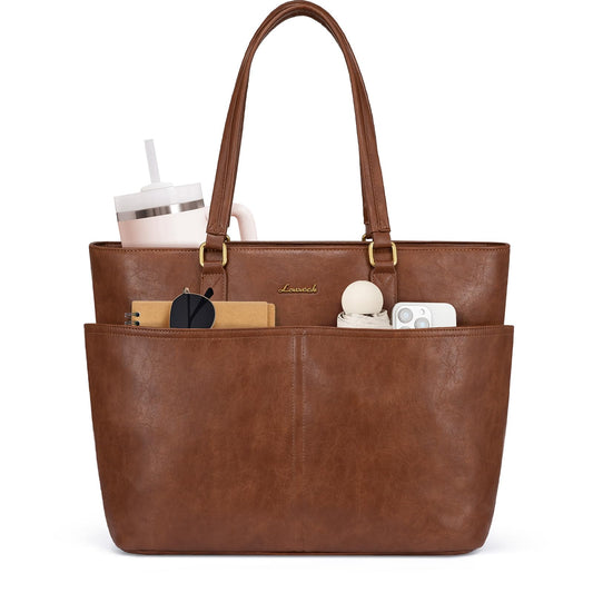 LOVEVOOK Work Tote Bag for Women, Vintage Leather 17.3 Inch Laptop Bags with Large Cup Holder, Teacher Nurse Medical Professional Computer Bag, Office Briefcase Handbag Gift