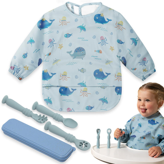 Bornealand® Baby Long Sleeve Bib - Baby Spoons 4 Months and Travel Case – Smock Bibs for Babies - Gender Reveal Gift - New Mom Gift Basket - Newborn Gift Set