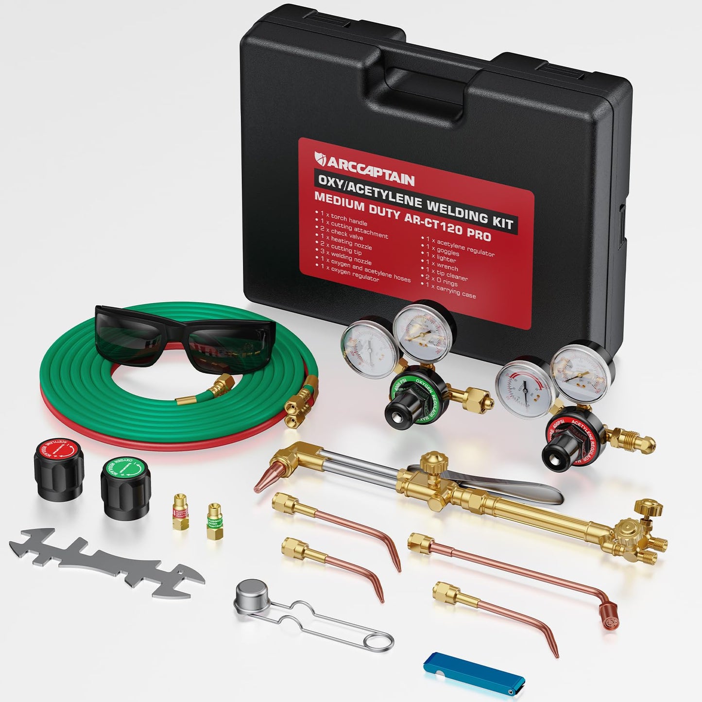 ARCCAPTAIN Oxy Acetylene Torch Kit with Check Valves, Medium Duty Gas Welding Cutting Torch Kit with Hose, Regulator Gauges, Cutting Tip, 3 Welding Tips and Storage Case