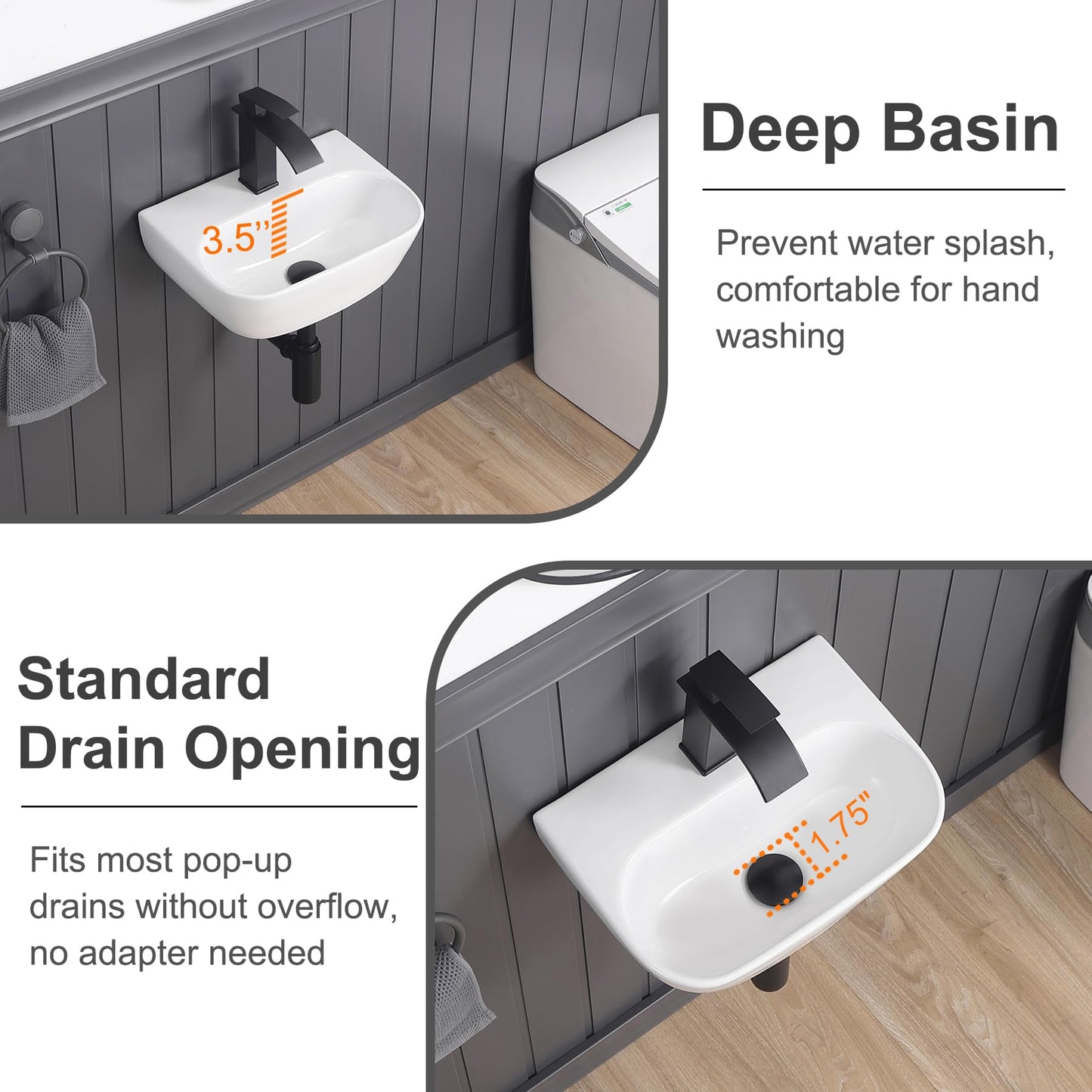 DEHOMEN 16.5" Wall Mount Bathroom Sink Rectangular Wall Hung Floating Vessel Sink Porcelain Lavatory Hand Basin for Small Bathroom,Grage White