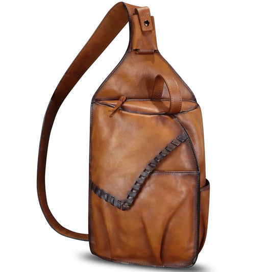 FEIGITOR Genuine Leather Sling Bag for Men Handmade Retro Crossbody Backpack Purse Hiking Daypack Chest Shoulder Fanny Pack (Brown)