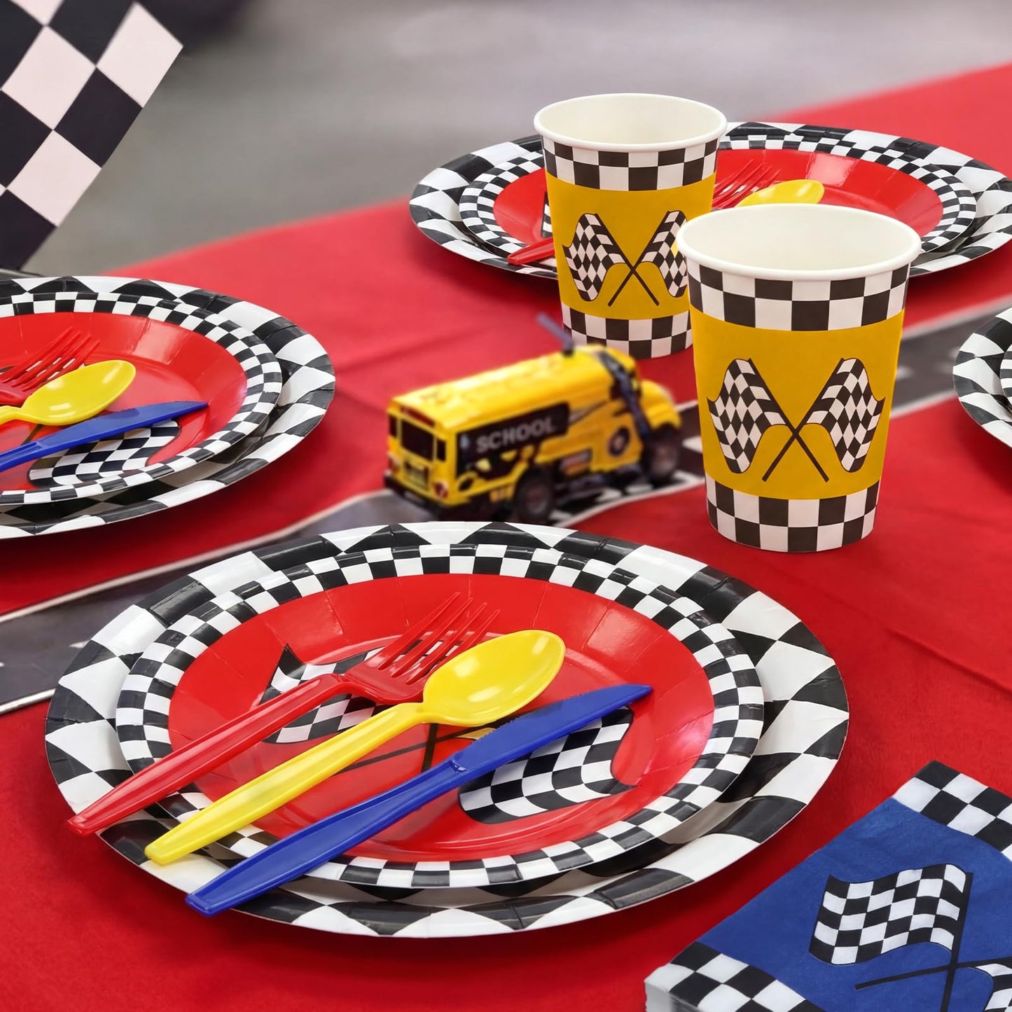 120 Pcs Race Car Birthday Decorations Fast One Party Tableware Set Blue Red Yellow Checker Flag Party Supplies If You Ain't First You're Last Paper Plates Napkin Cups Forks Knives Spoon for 24 Guest