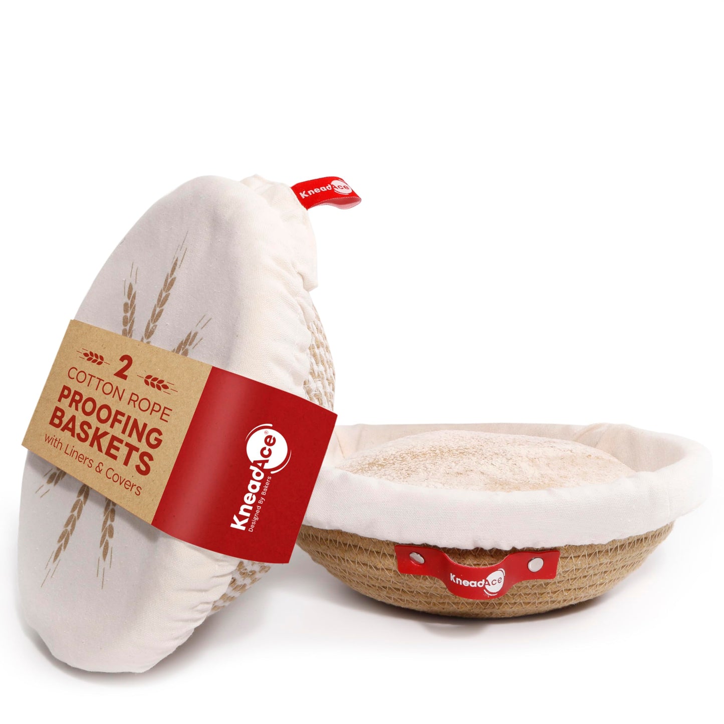 KneadAce Cotton Rope Banneton Bread Proofing Basket Set, 2 x Round Bread Basket with Liners & Covers for Artisan Bread Baking, Sourdough Bread Baking Supplies