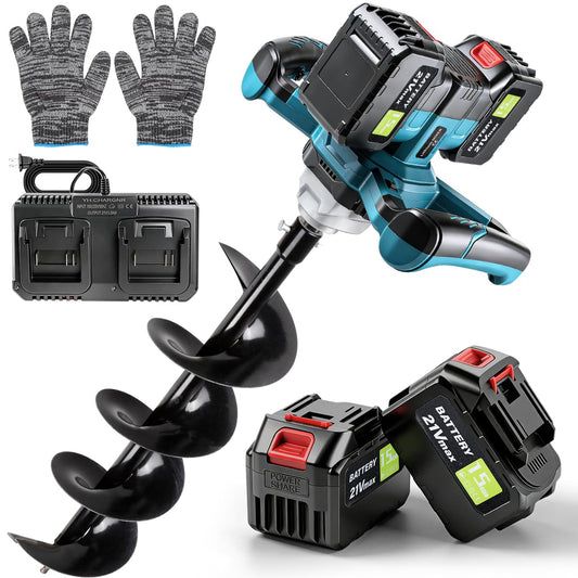 Post Hole Digger,Cordless Earth Auger,Electric Earth Auger,Includes 1twist drill bit with two batteries and one charger,With forward/reverse function，for Post Hole Digging, Drilling,Tree PlantingPlant