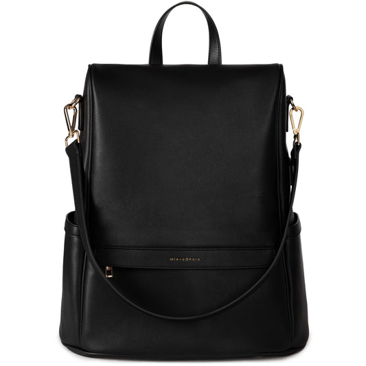 MIA + SOPHIA Leather Diaper Bag Backpack with USB Charging port, Changing Pad, Stroller Straps (Black Mia)