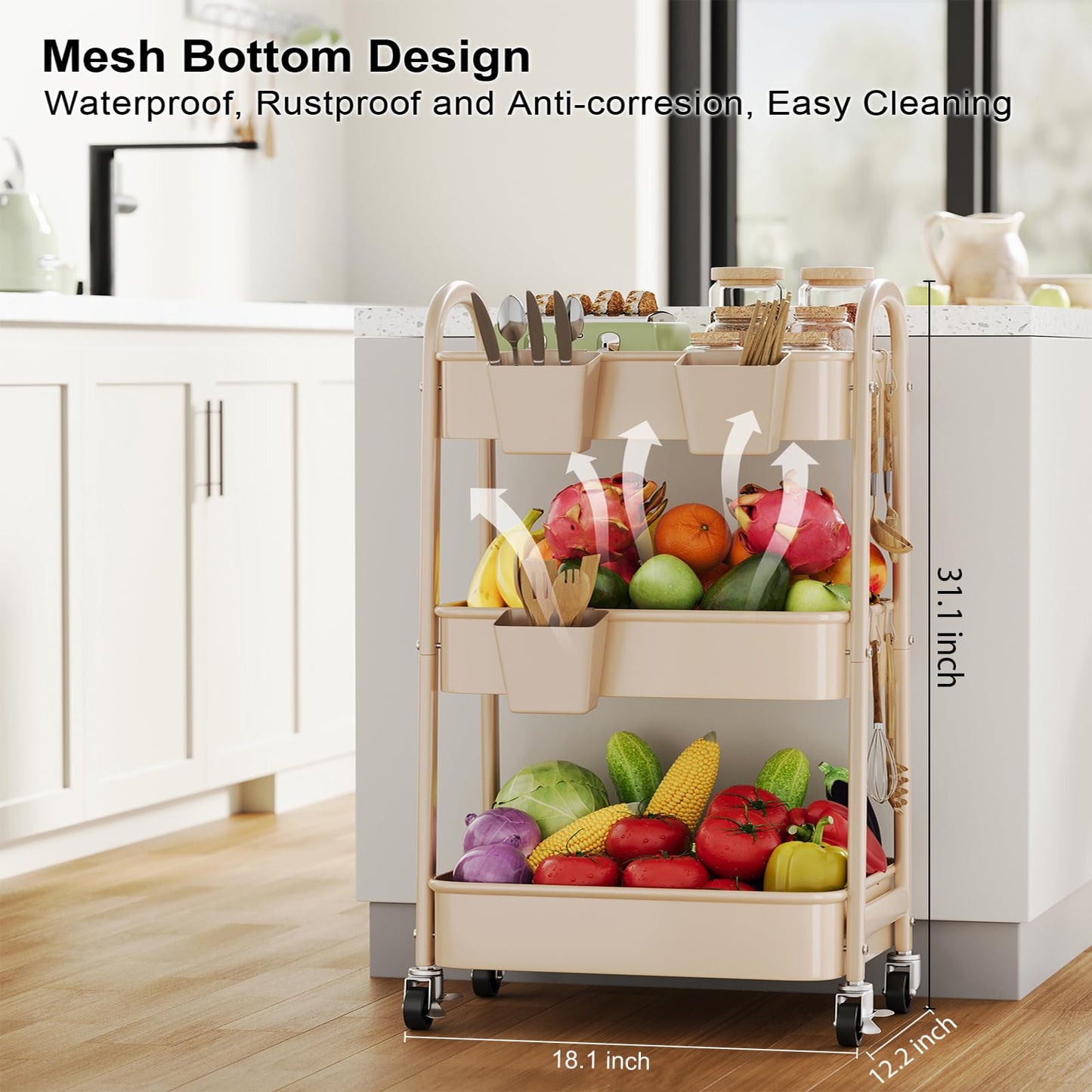 Beige 3 Tier Rolling Cart Metal on Wheels, Three Tiered Storage Organizer Utility Trolley with Wheels for Art, Craft, Baby Diaper Caddy, Snack, Book, Nail, Lash, Cleaning Supplies, Kitchen, Bathroom