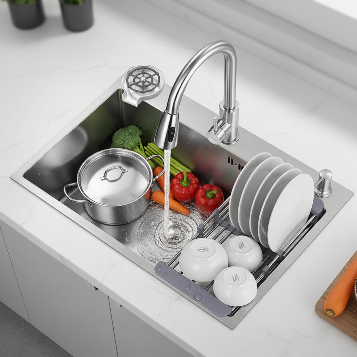 YINXSLO Stainless Steel Kitchen Sink with Faucet, Single Bowl Top Mount/Drop-In 3 Hole Single Bowl Workstation Sink with Cup Washer, Soap Dispenser, Drainage kit for Bar, Kitchen, Balcony (20 * 18in)