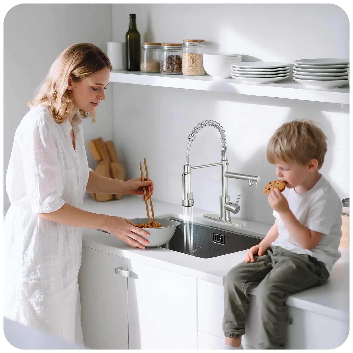 RNDIOZD Kitchen Faucet with Pull Down Sprayer - Brushed Nickel Single Handle Commercial Kitchen Faucets, 2-Spout Kitchen Sink Faucet, Stainless Steel Spring Pull Out Sink Faucet 1/3 Hole