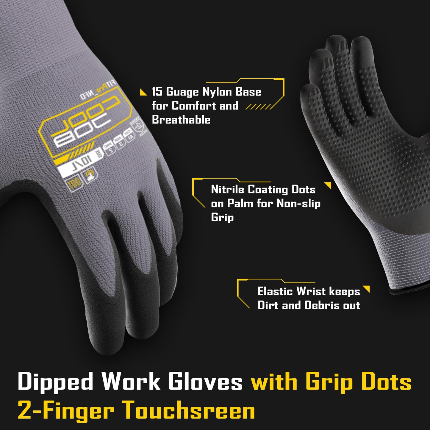 COOLJOB 36 Pairs Dotted Nitrile Rubber Coated Gloves Touchscreen Xlarge & 1 Pair Gel Construction Knee Pads