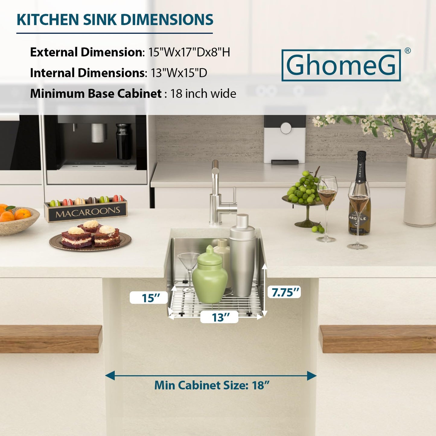 GHOMEG 15 Undermount Kitchen Sink 15"x17"x8" Single Bowl 16 Gauge Stainless Steel Under Counter Single Bowl Kitchen Sinks Basin with Drain Strainer