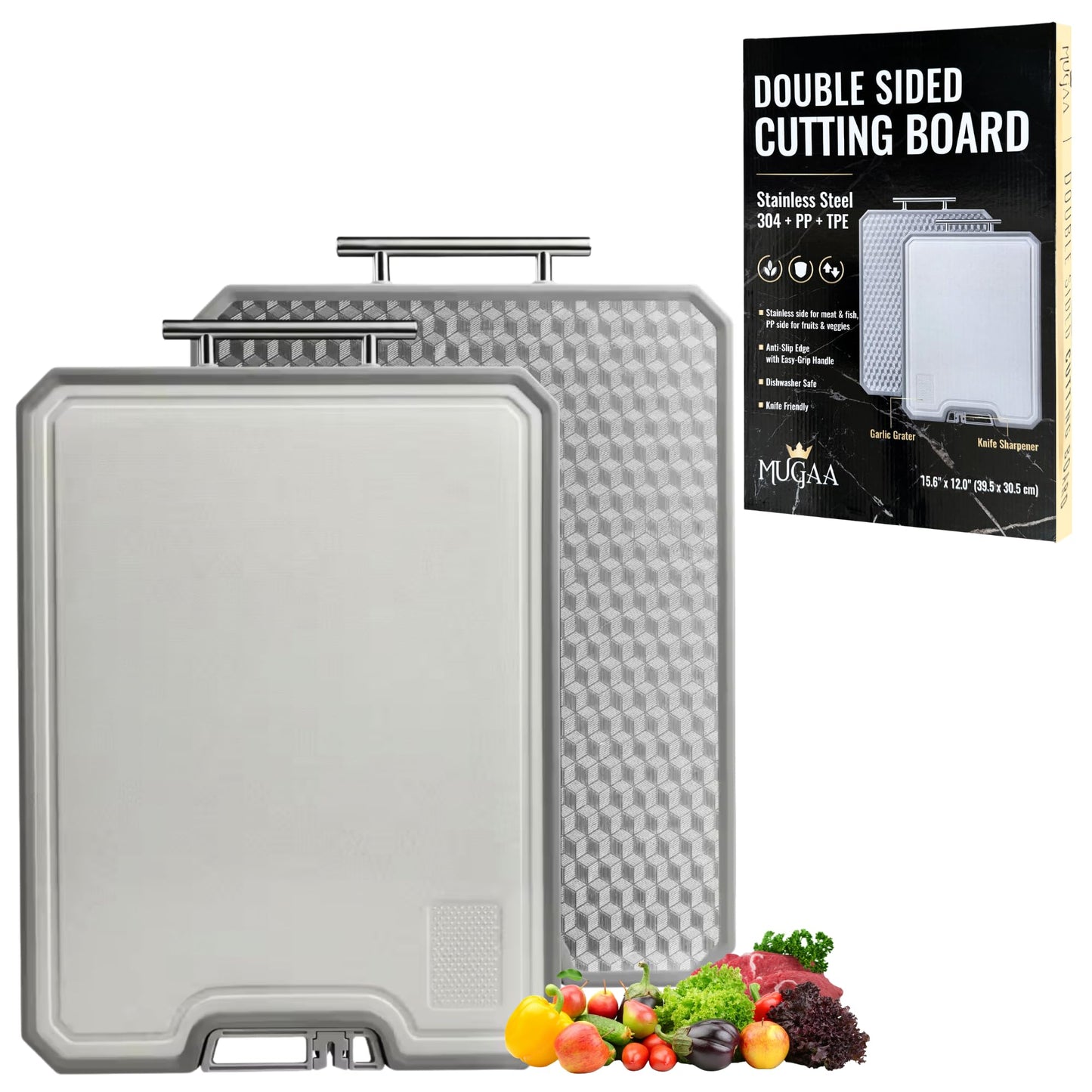 MUGAA Stainless Steel Cutting Board, Double-Sided 304 Stainless Steel & PP, Built-In Knife Sharpener, Non-Slip Juice Groove, Dishwasher Safe Steel Cutting Boards For Kitchen, Medium (15.6" x 12")