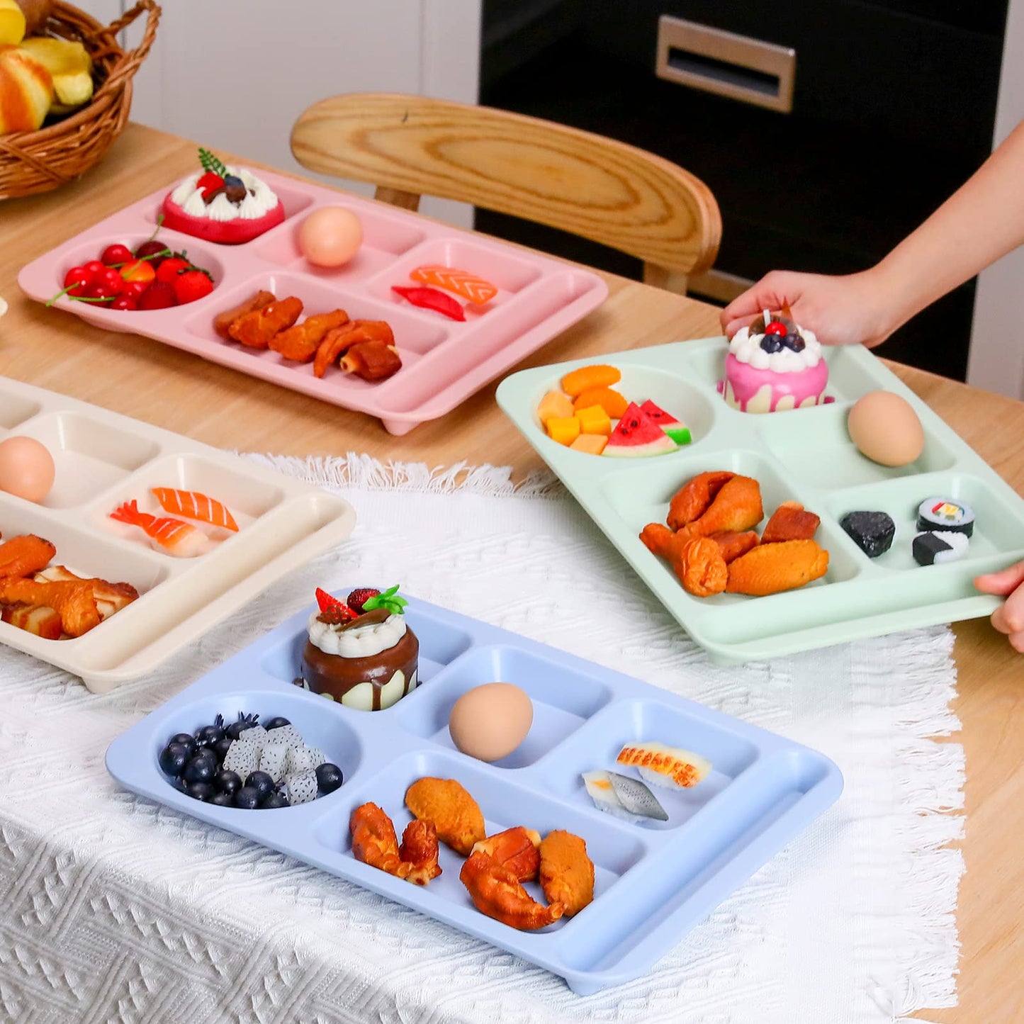 Pinkunn 12 Pcs 14'' Large Divided Plates Unbreakable Wheat Straw Lunch Trays 6 Compartments Cafeteria Trays Microwave Dishwasher Safe Food Separator Plates (Beige, Blue, Green, Pink)