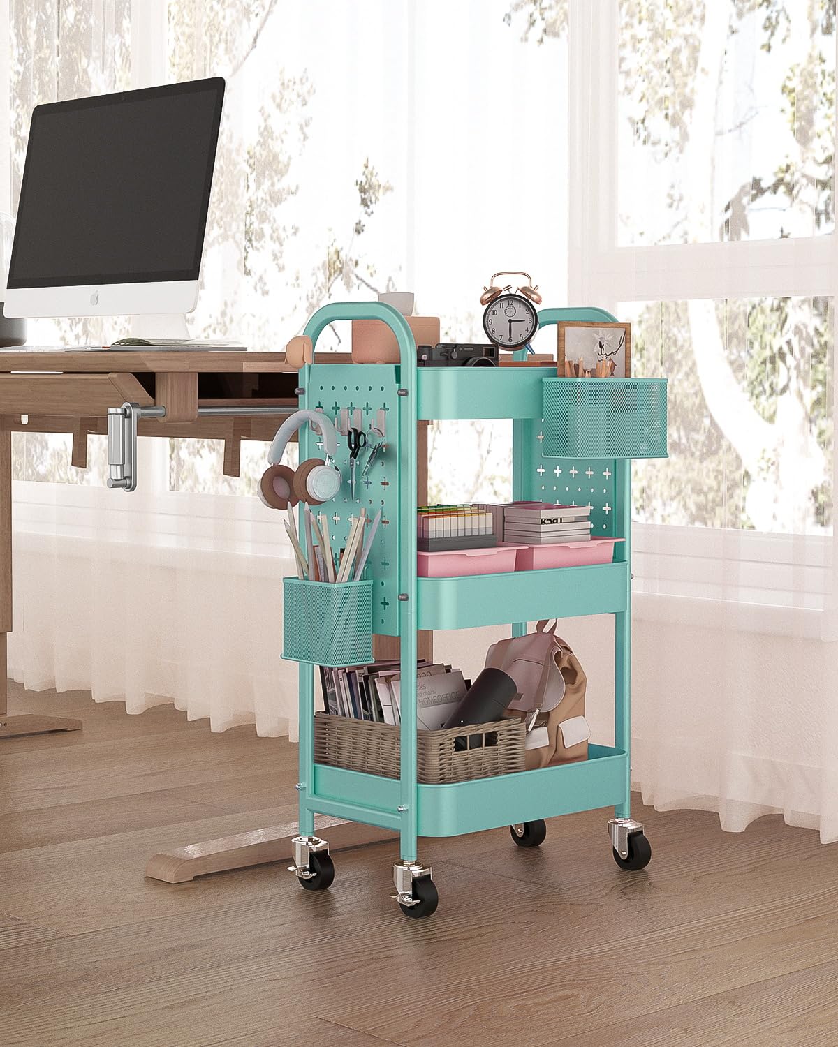 ALVOROG 3 Tier Rolling Cart with DIY Pegboards Metal Utility Cart with Wheels Handles Baskets Hooks, Craft Cart for Office Kitchen Bathroom(Tiffany Blue)