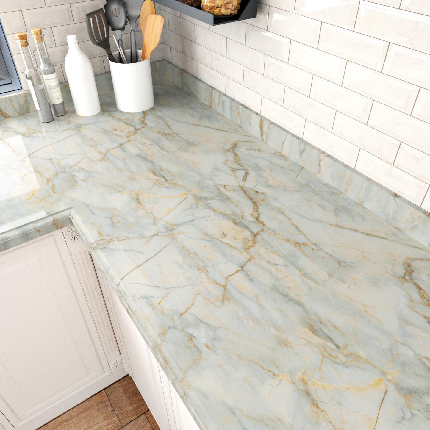 EPPKILY Cyan Marble Contact Paper Peel and Stick Countertops Glossy Gold Green Marble Wallpaper Self Adhesive Countertop Contact Paper Waterproof for Kitchen Cabinet Vinyl Wrap Bathroom 15.7"×118"