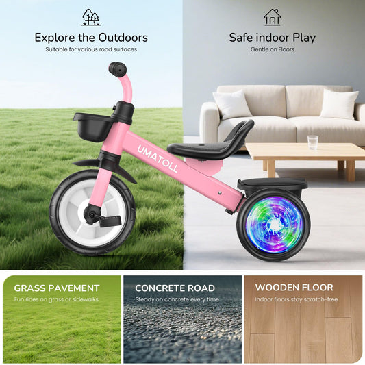 Umatoll Tricycle for Toddlers 2-5 Year Old, Ajustable Toddler Bike Outdoor Toys, Birthday Gift for Girl Age 2-4, Trike with Light up Wheels