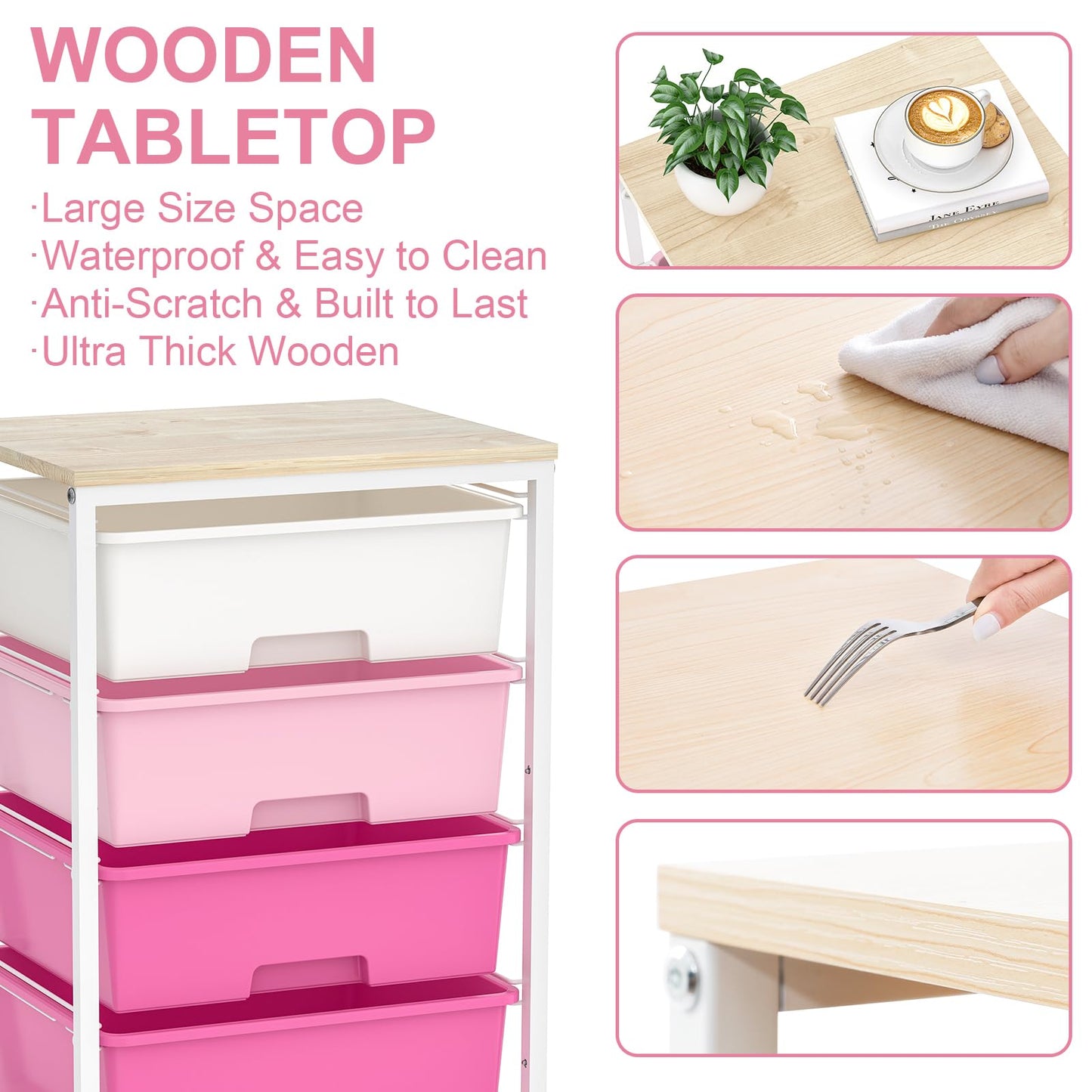 SYKIARIOL Utility-Rolling-Craft-Storage-Cart-Organizer with 4 Drawers and Wooden Tabletop, 4 Tier Drawer Cart for Home Office, Kid Room, Classroom Teacher, Dorm, Pink